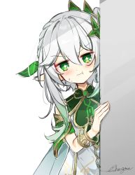 Rule 34 | 1girl, :t, closed mouth, commentary request, dress, flower-shaped pupils, genshin impact, gradient hair, green eyes, green hair, grey hair, hair between eyes, hand up, highres, looking at viewer, multicolored hair, nahida (genshin impact), peeking out, pout, shiroi ou, side ponytail, signature, simple background, sleeveless, sleeveless dress, solo, symbol-shaped pupils, v-shaped eyebrows, wavy mouth, white background, white dress