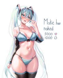 Rule 34 | 1girl, absurdres, aqua bra, aqua eyes, aqua hair, aqua panties, bare shoulders, black sleeves, blush, bow, bow bra, bra, breasts, detached sleeves, hatsune miku, highres, large breasts, long hair, looking to the side, machulanko, navel, open mouth, panties, scratching cheek, simple background, smile, solo, thighhighs, thighs, twintails, underwear, very long hair, vocaloid