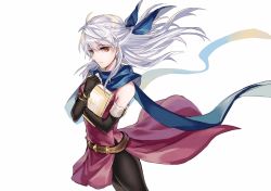 Rule 34 | 1girl, belt, black gloves, black pantyhose, blue scarf, book, hugging book, bracelet, closed mouth, cowboy shot, dress, fingerless gloves, fire emblem, fire emblem: radiant dawn, gloves, highres, holding, holding book, jewelry, jnsghsi, long hair, micaiah (fire emblem), nintendo, hugging object, pantyhose, scarf, silver hair, simple background, sleeveless, sleeveless dress, solo, standing, thighs, white background, yellow eyes