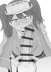 Rule 34 | 1girl, bar censor, blush, censored, clothed female nude male, greyscale, hat, highres, japanese clothes, kantai collection, kariginu, long hair, male pubic hair, mo (kireinamo), monochrome, nude, open mouth, penis, penis awe, pubic hair, ryuujou (kancolle), simple background, sweat, twintails, visor cap