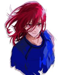 Rule 34 | 1boy, androgynous, blue lock, chigiri hyoma, closed mouth, commentary, en llll, hair between eyes, highres, long hair, male focus, pink eyes, pink hair, simple background, solo, upper body, white background