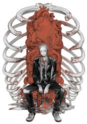 Rule 34 | 1boy, bad id, bad pixiv id, blonde hair, blood, dorohedoro, expressionless, formal, full body, glasses, heart (organ), male focus, maruco, mask, unworn mask, mushroom, necktie, organs, red eyes, ribs, shin (dorohedoro), shoes, simple background, sitting, sneakers, solo, stitches, suit, throne, tuxedo