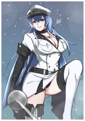 Rule 34 | 1girl, absurdres, airisubaka, akame ga kill!, artist name, blue eyes, blue hair, boots, breasts, choker, cleavage, commission, esdeath, hat, highres, large breasts, long hair, looking at viewer, military, military uniform, peaked cap, rapier, smile, solo, sword, thigh boots, thighhighs, uniform, very long hair, weapon, white footwear, white thighhighs, zettai ryouiki