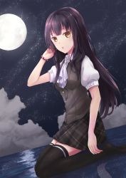 Rule 34 | 1girl, black hair, chaou, character request, full moon, gradient background, hand in own hair, highres, long hair, looking at viewer, moon, night, open mouth, original, reflection, short sleeves, sitting, skirt, sky, solo, star (sky), starry sky, thighhighs, very long hair, water, yellow eyes, yue zhi chao, zettai ryouiki