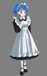 Rule 34 | 1girl, ahoge, alternate costume, apron, black dress, black footwear, blue eyes, blue hair, blunt bangs, bow, dress, enmaided, frilled apron, frills, full body, grey background, hair bow, hand up, highres, hirogaru sky! precure, juliet sleeves, kousuke0912, long sleeves, maid, maid apron, mary janes, medium hair, pantyhose, precure, puffy sleeves, shoes, side ponytail, simple background, single sidelock, solo, sora harewataru, split mouth, standing, white apron, white pantyhose, yellow bow