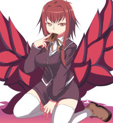 Rule 34 | 00s, 1girl, black rose dragon, blazer, breasts, brown eyes, card, card in mouth, dragon girl, dragon wings, holding, holding card, izayoi aki, jacket, johnny funamushi, kneeling, large breasts, long hair, monster girl, mouth hold, pencil skirt, red hair, ribbon, shoes, sitting, skirt, solo, thighhighs, white thighhighs, wings, yu-gi-oh!, yu-gi-oh! 5d&#039;s, yu-gi-oh (card), zettai ryouiki
