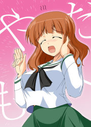 Rule 34 | 10s, 1girl, :d, ^ ^, blush, breasts, closed eyes, cowboy shot, eyebrows, girls und panzer, green skirt, hand on own cheek, hand on own face, hand up, hands on own cheeks, hands on own face, large breasts, long hair, long sleeves, ooarai school uniform, open mouth, orange hair, pink background, school uniform, serafuku, simple background, skirt, smile, solo, takebe saori, translation request, yohinori