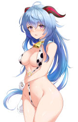 Rule 34 | 1girl, absurdres, ahoge, alternate costume, animal print, bell, blue hair, blush, breasts, clothing cutout, cow print, curled horns, detached collar, from side, ganyu (genshin impact), genshin impact, gloves, goat horns, groin, heart cutout, highres, holding own arm, horns, long hair, looking at viewer, medium breasts, neck bell, o-ring, o-ring swimsuit, parted lips, ponytail, print swimsuit, purple eyes, r orihaverp, raised eyebrows, revealing clothes, sidelocks, simple background, slingshot swimsuit, solo, swimsuit, very long hair, white background, white gloves, wide hips