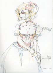Rule 34 | 1girl, breasts, choker, cleavage, collarbone, corset, dress, flandre scarlet, gown, hair ribbon, looking away, mago (gengennikoniko), monochrome, aged up, puffy short sleeves, puffy sleeves, ribbon, ribbon choker, short sleeves, side ponytail, solo, touhou, traditional media