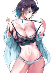 Rule 34 | 1girl, airi rei, aqua shirt, asakura toru, bikini, bikini bottom only, black camisole, blush, breasts, camisole, cleavage, collarbone, crop top, eyewear on head, fingernails, groin, highres, idolmaster, idolmaster shiny colors, large breasts, looking down, nail polish, navel, open clothes, open shirt, profile, purple hair, shirt, short hair, simple background, solo, stomach, striped clothes, striped shirt, sunglasses, swimsuit, vertical-striped clothes, vertical-striped shirt, white background, white bikini