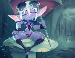 Rule 34 | 1girl, armband, bandaged leg, bandages, blue skin, closed mouth, colored skin, earrings, closed eyes, eyewear on head, fang, fingerless gloves, fingernails, forest, gloves, hair between eyes, highres, holding, holding umbrella, ickleseed, jewelry, leaf, league of legends, medium hair, nature, navel, outdoors, pointy ears, polka dot, rain, ripples, single earring, sitting, smile, solo, spread legs, sunglasses, tree, tristana, umbrella, water, wet, white hair