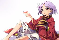 Rule 34 | 1girl, baba (baba seimaijo), commentary request, cup, highres, japanese clothes, kimono, knee up, long sleeves, obi, purple hair, red eyes, sakazuki, sash, short hair, simple background, sitting, solo, sukuna shinmyoumaru, touhou, white background, wide sleeves