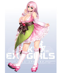 Rule 34 | 1girl, blue eyes, blush, bobby socks, breasts, choker, cleavage, collarbone, copyright name, detached sleeves, dress, flower, frilled dress, frills, full body, hair flower, hair ornament, high heels, highres, kneehighs, large breasts, leaf, lips, logo, long hair, looking at viewer, mary janes, masami chie, official art, original, pink dress, pink footwear, pink hair, shoes, single detached sleeve, single wrist cuff, smile, socks, solo, tokyo exe girls, white socks, wrist cuffs