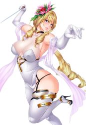 Rule 34 | 1girl, arm up, armpits, asymmetrical clothes, bare shoulders, conductor baton, blonde hair, blue eyes, blush, bodysuit, breasts, breasts apart, cleavage, closed mouth, collar, collarbone, covered collarbone, drill hair, elbow gloves, eyelashes, fei (maidoll), female focus, flower, foreshortening, from side, garter straps, gloves, hair between eyes, hair flower, hair ornament, halterneck, head tilt, high heels, highres, hip focus, holding, impossible clothes, jewelry, large breasts, leg lift, leg up, light smile, lilith-soft, lips, lipstick, long hair, looking at viewer, makeup, mole, mole under mouth, neck ring, official art, outstretched arm, pink lips, see-through, shawl, shiny skin, sideboob, sidelocks, simple background, single pantsleg, single thighhigh, skin tight, smile, sochie taylor, solo, standing, standing on one leg, taimanin (series), taimanin asagi kessen arena, thighhighs, thighs, very long hair, white background, white gloves, white thighhighs
