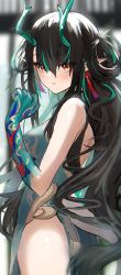 Rule 34 | 1girl, arknights, bare shoulders, black hair, blue dress, blue skin, blurry, blurry background, blush, breasts, china dress, chinese clothes, clothing cutout, colored skin, cowboy shot, depth of field, dragon girl, dragon horns, dragon tail, dress, dusk (arknights), dusk (everything is a miracle) (arknights), earrings, from behind, gradient skin, green hair, hair between eyes, highres, horn/wood, horns, jewelry, looking at viewer, looking back, medium breasts, multicolored hair, official alternate costume, parted lips, pointy ears, red eyes, solo, streaked hair, tail, tail through clothes, tassel, tassel earrings, two-tone hair