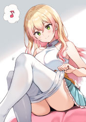 Rule 34 | 1girl, armpit crease, ass, bare arms, bare shoulders, blonde hair, blue skirt, breasts, clothes pull, frilled skirt, frills, from below, gradient hair, green eyes, hair down, highres, hololive, knees up, long hair, medium breasts, miniskirt, momosuzu nene, multicolored hair, musical note, nishizawa, pantyhose, pantyhose pull, shirt, sitting, skirt, sleeveless, sleeveless shirt, solo, spoken musical note, virtual youtuber, white pantyhose, white shirt