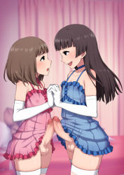 Rule 34 | 2boys, black hair, blue eyes, blunt bangs, blush, brown eyes, brown hair, censored, crossdressing, dress, elbow gloves, erection, frilled dress, frills, gloves, highres, hime cut, holding hands, interlocked fingers, long hair, looking at another, mosaic censoring, multiple boys, nipples, open mouth, penis, penises touching, short hair, smile, standing, testicles, thighhighs, trap, trap on trap, wataya, white gloves, white thighhighs, yaoi