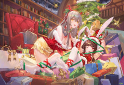 Rule 34 | 2girls, ;q, all fours, animal ears, antlers, arm garter, armchair, arms up, atdan, bag, bookshelf, box, breasts, brown hair, chair, christmas, christmas tree, cleavage, feet, female focus, gift, gift box, gloves, green ribbon, hair between eyes, hairband, hat, holding, holding gift, horns, indoors, kaguyahime (mahjong soul), kitami sawako, large breasts, long hair, looking at viewer, lying, mahjong soul, multiple girls, no shoes, off shoulder, on back, one eye closed, open mouth, pantyhose, rabbit ears, red eyes, red gloves, red hairband, red ribbon, ribbon, santa hat, silver hair, tongue, tongue out, white legwear, yellow eyes