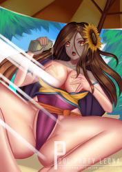 Rule 34 | 1girl, :o, barefoot, breasts, breasts out, brown eyes, brown hair, bush, cameltoe, character name, collarbone, convenient censoring, covered erect nipples, day, flower, hair between eyes, hair flower, hair ornament, large breasts, league of legends, leona (league of legends), long hair, lotion, negister, open clothes, open mouth, outdoors, partially visible vulva, sash, shade, shirt, solo, spaghetti strap, spread legs, sunflower, sunflower hair ornament, sunscreen, swimsuit, tree, tube, umbrella, very long hair, yellow shirt