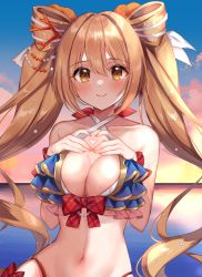 Rule 34 | 1girl, barefoot, bikini, blue bikini, blush, bow, breasts, brown eyes, brown hair, cleavage, closed mouth, cloud, collarbone, commentary request, coral hair ornament, frilled bikini, frills, gradient sky, hands on own chest, heart, heart hands, highres, horizon, large breasts, long hair, looking at viewer, mixed-language commentary, miyakoto, navel, nozomi (princess connect!), nozomi (summer) (princess connect!), ocean, outdoors, princess connect!, red bow, sky, smile, solo, stomach, swimsuit, twintails, upper body