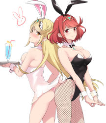 Rule 34 | 2girls, :t, alternate costume, animal ears, ass, bare shoulders, black bow, black hairband, black leotard, black neckwear, blush, bow, bowtie, breasts, cleavage, closed mouth, commentary request, cowboy shot, cup, detached collar, dress, drink, drinking glass, drinking straw, dual persona, earrings, fake animal ears, fake tail, female focus, fishnet pantyhose, fishnets, gem, green gemstone, hairband, highleg, highleg leotard, holding, holding tray, jewelry, leotard, leotard peek, long hair, looking at viewer, matching hair/eyes, medium breasts, misu kasumi, multiple girls, mythra (xenoblade), nintendo, nose blush, orange eyes, own hands together, panties, pantyhose, pantyshot, pink panties, playboy bunny, pout, pyra (xenoblade), rabbit ears, rabbit tail, red eyes, red hair, sideboob, simple background, skindentation, smile, standing, straight hair, strapless, strapless dress, strapless leotard, sweat, swept bangs, tail, thighs, tray, underwear, upskirt, very long hair, white background, white hairband, wrist cuffs, xenoblade chronicles (series), xenoblade chronicles 2, yellow eyes