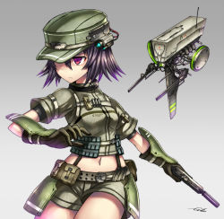 Rule 34 | 1girl, armor, belt, belt pouch, cable, closed mouth, clothes writing, cowboy shot, frown, gia, gloves, glowing, grey background, gun, handgun, hat, highres, holding, holding gun, holding weapon, japanese armor, kote, looking away, looking to the side, machinery, military, military uniform, one eye covered, original, purple eyes, purple hair, radio antenna, robot, short hair, short sleeves, shorts, signature, solo, stomach, suppressor, suspenders, uniform, weapon