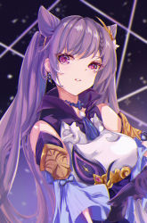 Rule 34 | 1girl, absurdres, choker, commentary request, cone hair bun, detached sleeves, double bun, earrings, genshin impact, gloves, hair between eyes, hair bun, hair ornament, highres, jewelry, keqing (genshin impact), long hair, looking at viewer, parted lips, purple eyes, purple gloves, purple hair, short sleeves, sidelocks, simple background, solo, twintails, wide sleeves, yazawa yuki