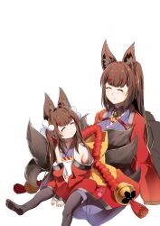 Rule 34 | 2girls, aged down, amagi-chan (azur lane), amagi (azur lane), animal ears, azur lane, brown hair, brown sash, brown tail, closed eyes, closed mouth, dual persona, eyeshadow, fox ears, fox girl, fox tail, japanese clothes, kimono, kitsune, kyuubi, long hair, looking at another, makeup, mother and daughter, multiple girls, multiple tails, rope, shimenawa, smile, steed (steed enterprise), tail, thick eyebrows, time paradox