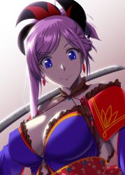 Rule 34 | 1girl, blue eyes, breasts, detached sleeves, earrings, fate/grand order, fate (series), hair ornament, highres, japanese clothes, jewelry, katana, large breasts, light purple hair, looking at viewer, miyamoto musashi (fate), mottio, obi, ponytail, sash, smile, solo, sword, thighhighs, weapon