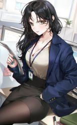 Rule 34 | 1girl, absurdres, aqua nails, black hair, black skirt, blue coat, blurry, blurry background, blush, book, breasts, brown pantyhose, cleavage, coat, collarbone, cowboy shot, crossed legs, cubicle, desk, earrings, green eyes, hand on own thigh, hand up, high-waist skirt, highres, holding, holding paper, hoop earrings, id card, indoors, jewelry, large breasts, long hair, long sleeves, looking at viewer, mole, mole under eye, monitor, nail polish, office, office lady, on desk, original, pantyhose, paper, parted bangs, pen, pencil skirt, plant, potted plant, shirt, shirt tucked in, sitting, on desk, skirt, sleeves past wrists, solo, sticky note, thighs, v-neck, ye jji, yellow shirt