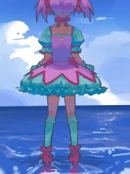Rule 34 | 1girl, arms at sides, back cutout, blue sky, bow, bow choker, bubble skirt, choker, clothing cutout, cloud, cloudy sky, dress, footwear bow, frilled skirt, frilled socks, frills, from behind, gloves, hair bow, heart cutout, high heels, highres, kaname madoka, kneehighs, legs apart, magical girl, mahou shoujo madoka magica, mahou shoujo madoka magica (anime), mariaapham, miniskirt, on water, petticoat, pink dress, pink hair, puffy short sleeves, puffy sleeves, red bow, red choker, red footwear, short dress, short hair, short sleeves, skirt, sky, socks, solo, square neckline, standing, standing on liquid, twintails, white gloves, white skirt, white sleeves, white socks
