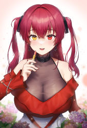 Rule 34 | 1girl, absurdres, alternate costume, black choker, black ribbon, breasts, choker, cleavage, cosmetics, crossed bangs, earrings, flower, hair ribbon, hand up, heterochromia, highres, holding, holding lipstick tube, hololive, houshou marine, houshou marine (summer), jewelry, large breasts, lipstick, lipstick tube, long hair, long sleeves, looking at viewer, makeup, nail polish, noixen, off-shoulder shirt, off shoulder, parted lips, red eyes, red hair, red nails, red shirt, ribbon, see-through, see-through cleavage, shirt, solo, teeth, two side up, upper teeth only, virtual youtuber, yellow eyes