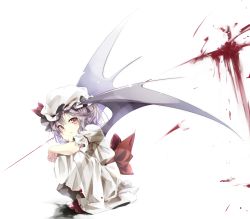 Rule 34 | 1girl, bat wings, blood, blood on clothes, blood on face, blood on hands, blood splatter, bow, dress, gorilla (bun0615), hat, hat ribbon, highres, looking at viewer, mob cap, puffy sleeves, red eyes, remilia scarlet, ribbon, short hair, short sleeves, solo, touhou, wings