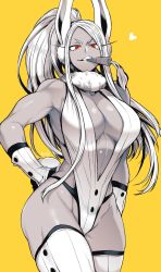 Rule 34 | 1girl, alternate hairstyle, animal ears, armpits, boku no hero academia, breasts, carrot, center opening, dark-skinned female, dark skin, greyscale, greyscale with colored background, hand on own hip, heart, heattech leotard, highres, large breasts, long hair, looking at viewer, mirko, monochrome, mouth hold, ponytail, rabbit ears, red eyes, simple background, solo, takatsuki ichi, thick thighs, thighhighs, thighs, turtleneck, yellow background