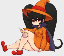 Rule 34 | 1girl, alternate costume, ashley (warioware), big hair, black hair, breasts, candy, cape, closed mouth, dress, female focus, food, grey background, hair between eyes, halloween costume, hat, holding, holding candy, holding food, holding lollipop, lollipop, long hair, long sleeves, looking at viewer, mato spectoru, nintendo, orange dress, orange hat, red eyes, red footwear, sidelocks, simple background, sitting, skull, small breasts, solo, swirl lollipop, thick thighs, thighs, twintails, very long hair, warioware, witch hat
