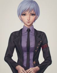 Rule 34 | 1girl, bad id, bad pixiv id, black jacket, breasts, brown eyes, closed mouth, collared shirt, grey background, highres, jacket, lips, long sleeves, looking at viewer, miura-n315, necktie, open clothes, open jacket, own hands together, purple hair, purple shirt, shirt, short hair, simple background, small breasts, smile, solo, umineko no naku koro ni, unbuttoned, uniform, upper body, ushiromiya kyrie, wing collar
