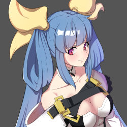 Rule 34 | 1girl, absurdres, bare shoulders, belt, blue hair, breasts, choker, cleavage, collarbone, detached sleeves, dizzy (guilty gear), grey background, guilty gear, guilty gear xrd, hair ribbon, hair rings, highres, large breasts, long hair, long sleeves, looking to the side, low twintails, multiple belts, ohihil, profile, red eyes, ribbon, simple background, smile, solo, twintails, upper body