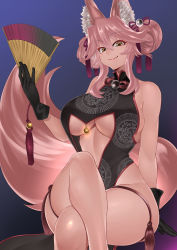 Rule 34 | 1girl, absurdres, animal ear fluff, animal ears, bare shoulders, bell, black dress, black gloves, breasts, center opening, china dress, chinese clothes, closed mouth, crossed legs, dress, fate/grand order, fate (series), folding fan, fox ears, fox girl, fox tail, gloves, gradient background, hair between eyes, hand fan, highres, hip focus, jingle bell, koyanskaya (chinese lostbelt outfit) (fate), koyanskaya (fate), large breasts, legs, long hair, looking at viewer, pink hair, shirofugu, sidelocks, sitting, smile, solo, tail, tamamo (fate), tassel, thighs, underboob, yellow eyes