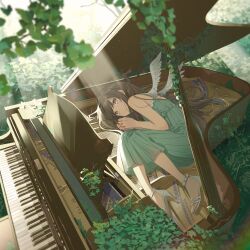 Rule 34 | 1girl, absurdres, angel wings, bare shoulders, blurry, blurry foreground, brown hair, dress, flower, grand piano, green dress, grey eyes, hechima (issindotai), high heels, highres, instrument, leaf, long hair, lying, on side, original, overgrown, piano, solo, white footwear, wings