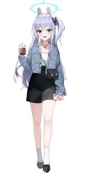 Rule 34 | 1girl, absurdres, black skirt, blue archive, blue eyes, grey hair, highres, leepy, long hair, looking at viewer, miyako (blue archive), open mouth, plaid, plaid skirt, simple background, skirt, smile, solo