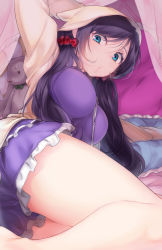 Rule 34 | 10s, 1girl, alternate eye color, bed, blue eyes, breasts, female focus, hair over shoulder, large breasts, long hair, looking at viewer, love live!, love live! school idol festival, love live! school idol project, lying, naso4, no panties, on side, puckered lips, purple hair, pursed lips, solo, thighs, tojo nozomi