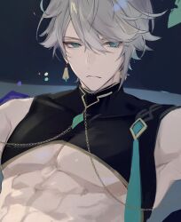 Rule 34 | 1boy, abs, alhaitham (genshin impact), blue eyes, blue hair, closed mouth, crop top, genshin impact, grey hair, gumilkx, hair between eyes, highres, male focus, multicolored hair, pectoral cleavage, pectorals, sketch, sleeveless, solo, toned, toned male, upper body
