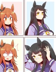 Rule 34 | 2girls, 4koma, alternate hairstyle, animal ears, bandaid, bandaid on face, bandaid on nose, black hair, blank eyes, blue background, bow, bowtie, brown bow, comic, commentary, ear bow, hair between eyes, high ponytail, highres, horse ears, horse girl, horseshoe ornament, long hair, long sleeves, mayano top gun (umamusume), mouth hold, multiple girls, narita brian (umamusume), orange eyes, orange hair, outside border, pink background, purple sailor collar, purple shirt, sailor collar, sailor shirt, school uniform, shirt, sidelocks, silent comic, square 4koma, stalk in mouth, surprised, sweatdrop, tracen school uniform, two side up, tying hair, umamusume, upper body, white bow, white bowtie, wide oval eyes, winter uniform, yellow background, yellow eyes, yonedatomo mizu