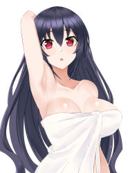 Rule 34 | 1girl, arm behind head, bare arms, bare shoulders, black hair, breasts, collarbone, hair between eyes, highres, large breasts, long hair, looking at viewer, naked towel, neptune (series), noire (neptunia), open mouth, red eyes, simple background, solo, towel, very long hair, wet, wet hair, white background, zatsu