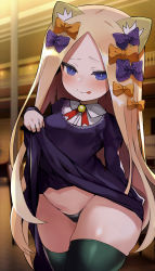 Rule 34 | 1girl, abigail williams (fate), absurdres, animal ears, black bow, black dress, black panties, black thighhighs, blonde hair, blue eyes, blush, bow, breasts, cat ears, clothes lift, dress, dress lift, fate/grand order, fate (series), forehead, hair bow, highres, long hair, long sleeves, looking at viewer, multiple hair bows, navel, orange bow, panties, parted bangs, polka dot, polka dot bow, shimejinameko, small breasts, smile, solo, thick thighs, thighhighs, thighs, tongue, tongue out, underwear, wide hips