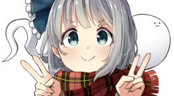 Rule 34 | 1girl, :3, blue ribbon, commentary request, double v, frilled ribbon, frills, ghost, green eyes, grey hair, hair ribbon, hands up, highres, konpaku youmu, konpaku youmu (ghost), looking at viewer, medium hair, pegashi, plaid, plaid scarf, portrait, red scarf, ribbon, scarf, simple background, smile, solo, touhou, v, white background