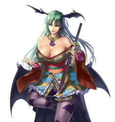 Rule 34 | 1girl, alternate costume, animal print, bare shoulders, bat print, breasts, capcom, cleavage, cuboon, demon girl, demon wings, detached collar, dress, female focus, green eyes, green hair, head wings, highres, holding, holding sword, holding weapon, japanese clothes, kimono, large breasts, long hair, matching hair/eyes, morrigan aensland, off shoulder, official art, onimusha soul, pantyhose, patterned legwear, print dress, print kimono, print pantyhose, sheath, simple background, sitting, smile, solo, string, sword, unsheathing, vampire (game), weapon, wings
