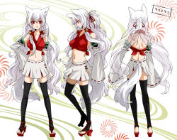 Rule 34 | 1girl, amaterasu (ookami), animal ears, capcom, detached sleeves, facial mark, female focus, highres, kanoco-s, long hair, midriff, ookami (game), personification, red eyes, skirt, tail, white hair