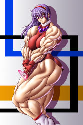 Rule 34 | 1girl, asamiya athena, earrings, extreme muscles, fingerless gloves, gloves, heart, highres, jewelry, looking at viewer, purple hair, purukogi (plasma beach), red eyes, smile, snk, solo, the king of fighters, thick thighs, thighs