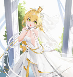 Rule 34 | 1girl, :d, azur lane, bare shoulders, blonde hair, breasts, choker, cleavage, crown, dress, flower, gloves, green eyes, hair flower, hair ornament, hands on own cheeks, hands on own face, highres, looking at viewer, open mouth, pantyhose, pillar, qing wu, short hair, small breasts, smile, solo, southampton (a dazzling departure) (azur lane), southampton (azur lane), strapless, strapless dress, veil, wedding dress, white choker, white dress, white flower, white gloves, white pantyhose